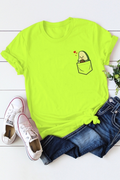 Funny Cute Cartoon Pocket Avocado Print Basic Short Sleeve Cotton Tee