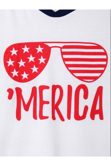Funny Flag Glasses Letter MERICA Print V-Neck Striped Short Sleeve White T-Shirt