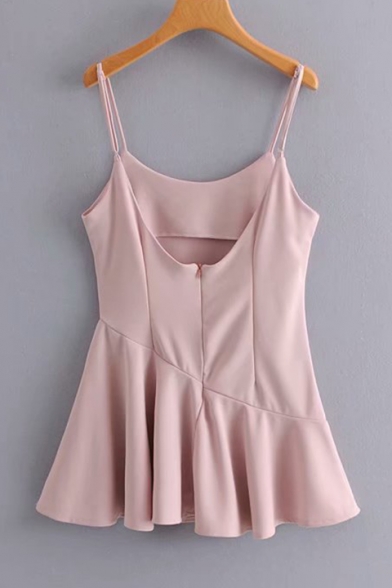 Girls Summer Simple Solid Color Ruffled Hem Mini Pink A-Line Slip Dress