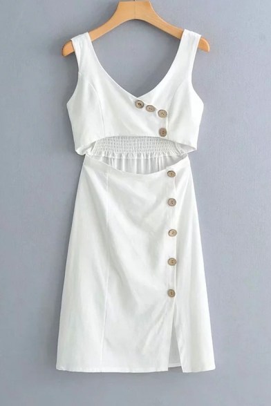 Girls Summer Solid Color Chic Button Embellished V-Neck Sleeveless Cutout Waist Mini White A-Line Dress