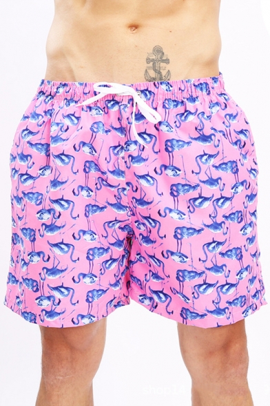 Guys Hot Fashion Pink Flamingo Printed Drawstring Waist Quick Dry Casual Swimwear Board Shorts