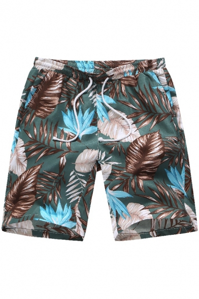 Guys Summer Green Tropical Plants Printed Casual Cotton Hawaii Beach Shorts Swim Shorts