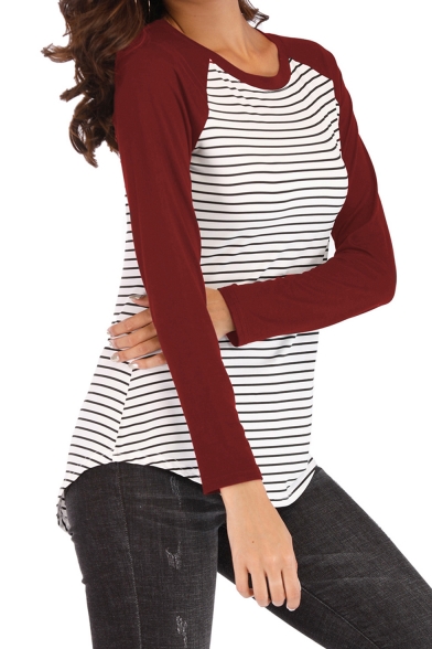 Hot Fashion Stripes Print Round Neck Long Sleeve Color Block T-Shirt For Women