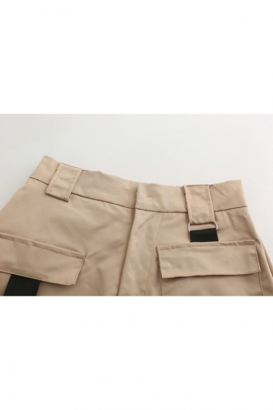 Hot Fashion Women's Solid Color High Rise Unique Large Pocket Front Casual Khaki Shorts