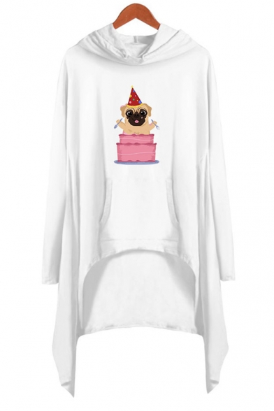 Lovely Cartoon Pug Dog Printed Long Sleeve Hooded Casual Loose Asymmetrical Dress