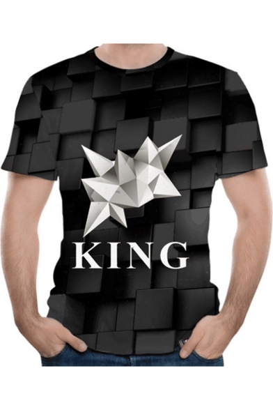 Men's Hot Popular 3D Geometric Simple Letter KING Plaid Printed Round Neck Short Sleeve Black T-Shirt