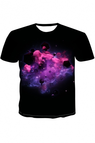 Men's New Trendy 3D Purple Galaxy Meteor Printed Basic Round Neck Short Sleeve Black T-Shirt