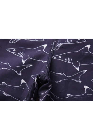 Men's Summer Dark Blue Shark Fish Print Drawcord Waist Casual Beach Swim Shorts with Liner