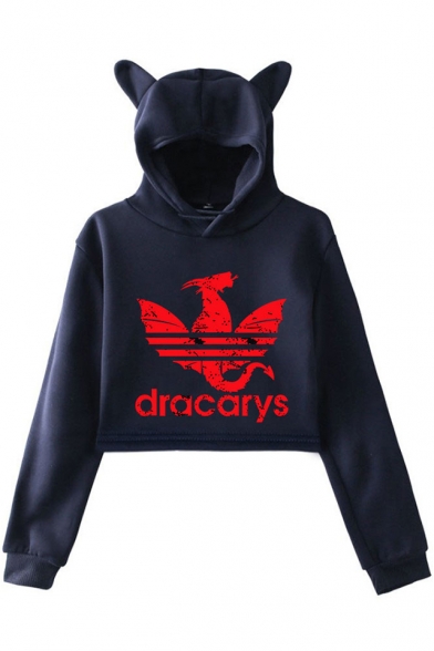 New Fashion Dragon Dracarys Long Sleeve Cat Ear Design Pullover Crop Hoodie
