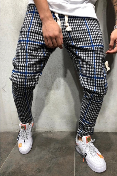New Men's Leisure Striped Plaid Printed Slim Fit Trousers with Drawstring