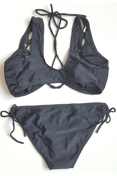 New Stylish Black Hollow Out Tied Front Bikini Swimwear