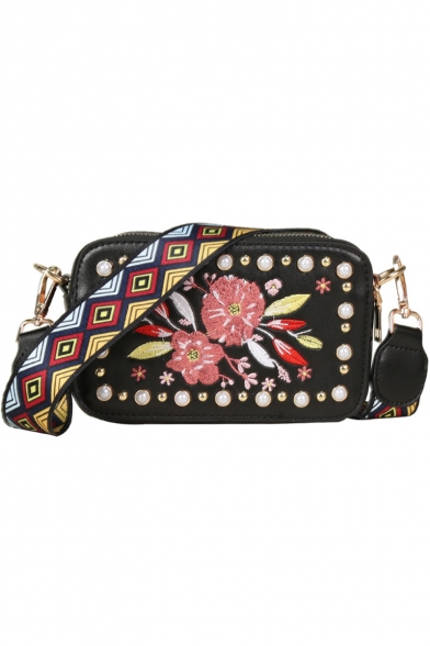 New Trendy Floral Embroidery Geometric Print Strap Pearl Embellishment Crossbody Shoulder Bag 18*6*11 CM