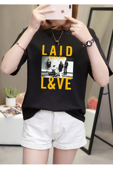 New Trendy LAID L&VE Letter Figure Pattern Round Neck Short Sleeves Casual Cotton Graphic T-Shirt