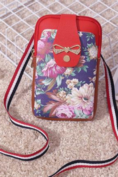 Popular Floral Printed Bow Embellishment Striped Strap Purple and Brown Crossbody Phone Purse 10.5*2.5*18.5 CM