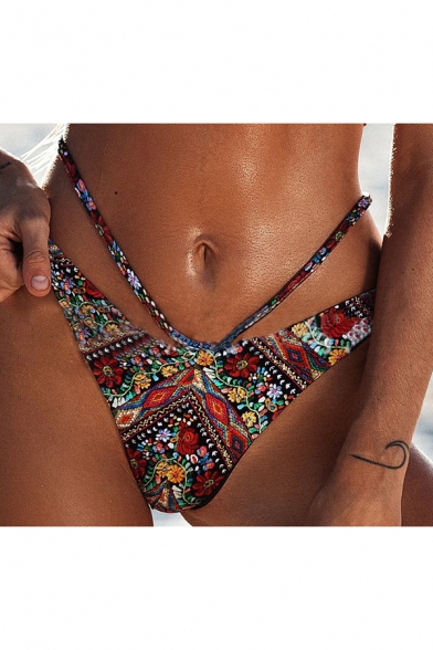 Retro Tribal Floral Printed Spaghetti Straps Crisscross Sexy Bikini Swimwear