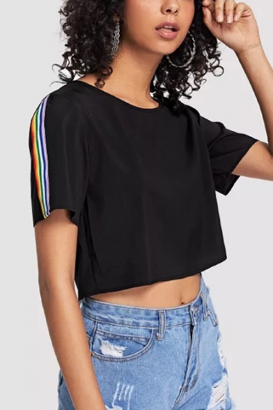 Summer Basic Simple Striped Short Sleeve Round Neck Cropped Black T-Shirt