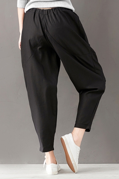 Summer Basic Solid Color Elastic Waist Button-Fly Linen Harem Pants for Women