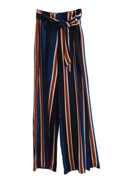 Summer Blue Stripe Printed Tied Waist Split Side Cropped Culotte Pants Wide-Leg Pants for Women