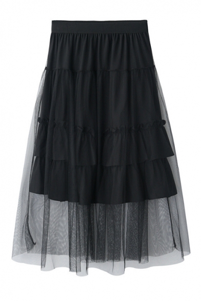 Summer Chic Layered Mesh Panel Elastic Waist Ruffled Midi A-Line Skirt