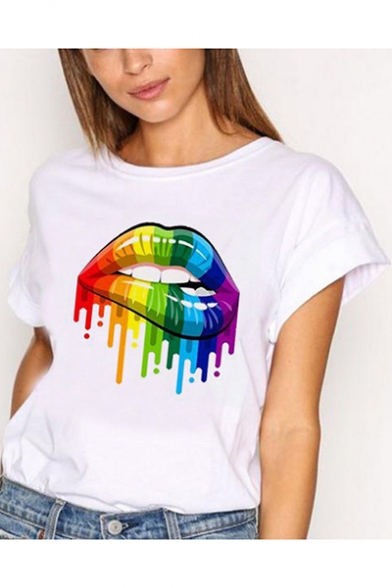 Summer Cool Colorful Oil Painting Lip Printed Basic White T-Shirt