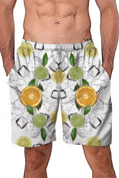 Summer Fashion Ice Lemon Pattern Casual White Beach Swim Shorts