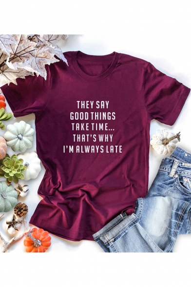 Summer Funny Letter THEY SAY GOOD TIMES TAKE TIME Short Sleeve Cotton Tee
