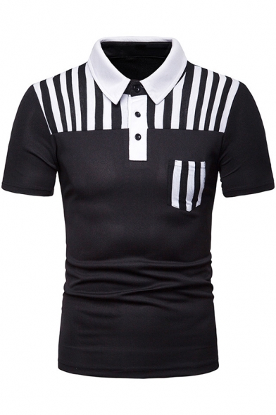 Summer Mens New Trendy Stripe Patched Short Sleeve Three-Button Front Slim Fit Polo Shirt