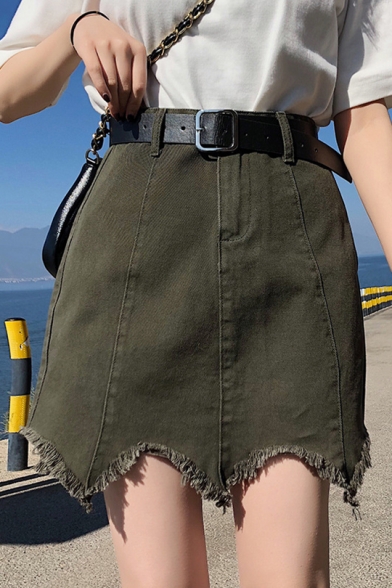 Summer New Trendy Solid Color Fringed Hem Mini A-Line Asymmetrical Skirt Denim Skirt