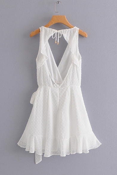 Summer Simple White Surplice Neck Open Back Sleeveless Mini A-Line Dress