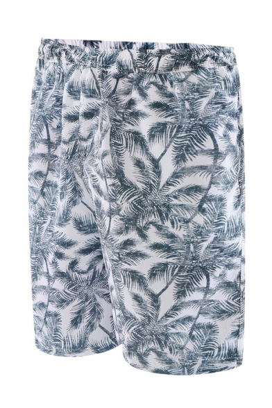 Summer Trendy Grey Tropical Coconut Palm Printed Beach Swim Shorts for Guys