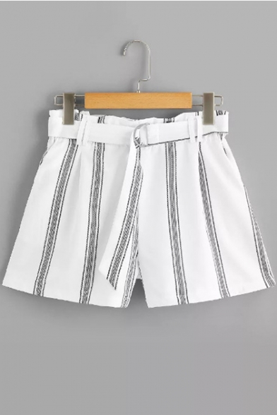Summer Trendy White Stripe Printed Belted Waist Chiffon Loose Shorts
