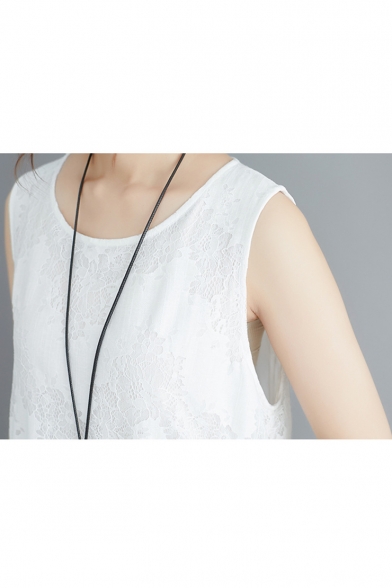 Summer Women's Basic Simple Plain Round Neck Sleeveless Maxi Lace Dress