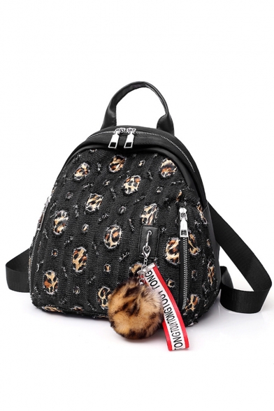 Trendy Leopard Patched Ripped Detail Multiple Zippers Casual Backpack 25*19*25 CM