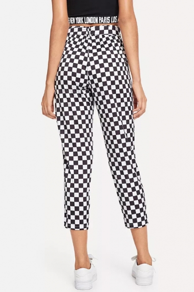 Trendy Stripe Tape Side Tied Waist Black and White Checkerboard Print Cropped Pants for Women