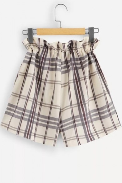 Unique Check Stripe Pattern Drawcord Waist Casual Loose Paperbag Shorts