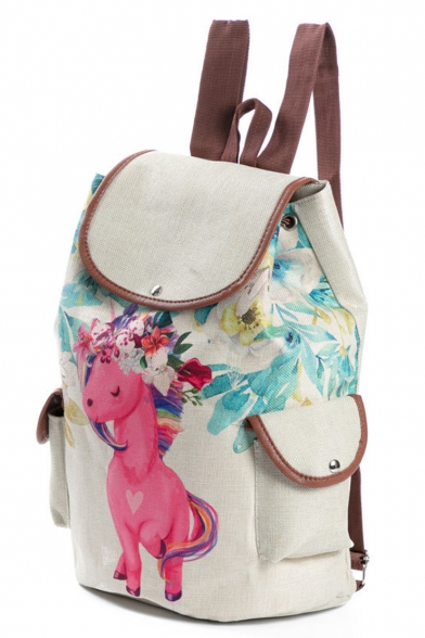 Unique Unicorn Floral Pattern Linen Khaki Backpack with Side Pockets 28*11*39 CM