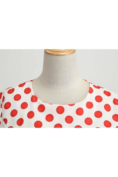 Vintage Round Neck Classic Polka Dot Printed Bow-Tied Waist Midi A-Line Swing Dress