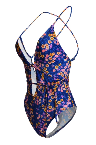 Women's Chic Navy Floral Printed Sexy Cutout Crisscross Back One Piece Swimsuit