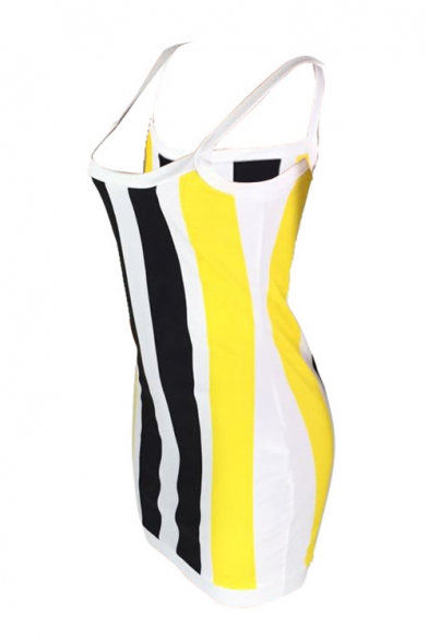 Women's Color Block Stripe Straps Sleeveless Mini Bodycon Dress