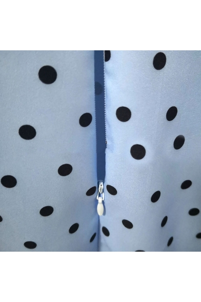 Women's Elegant Polka Dot Print Ruffle Detail 3/4 Sleeve V-Neck Midi A-Line Blue Party Dress