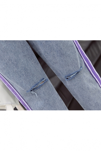 Women's Fashion Drawstring Waist Stripe Side Ripped Straight Fit Light Blue Jeans
