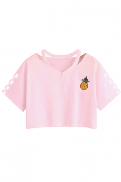 Women's Hot Fashion Pineapple Pattern Plaid V-Neck Short Sleeve Loose Cropped T-Shirt