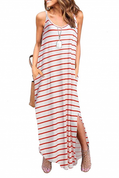 Women's V-Neck Sleeveless Split Side Stripes Print Maxi Slip Dress