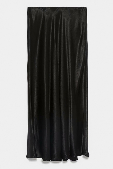 Women's New Trendy Solid Color Bias Cut Silk Satin Black Midi Skirt