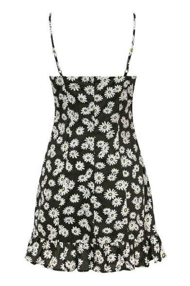 Women's New Trendy Spaghetti Straps Sleeveless Floral Printed Pleated Mini Cami Black Dress
