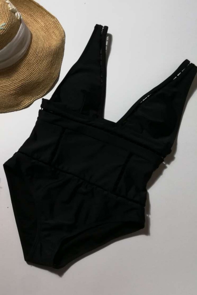 Women's Sexy Hollow Out Plunged Neck Black Maillot One Piece Swimsuit Swimwear