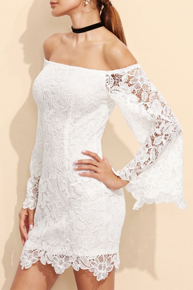 Women's Sexy Off The Shoulder Long Sleeve Plain Print Lace Patchwork Mini Nightclub White Dress
