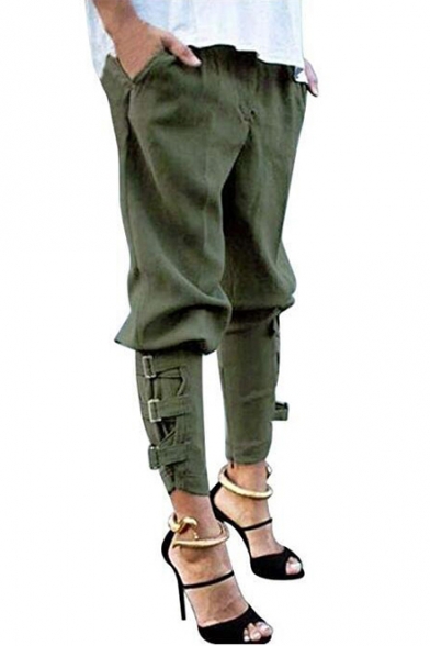 Women's Solid Color Elastic Waist Buckle Embellished Side Military Harem Pants