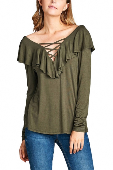 Womens Basic Solid Color Crisscross V-Neck Ruffled Hem Long Sleeve T-Shirt
