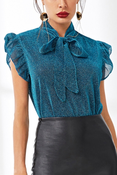 Womens Chic Silk Blue Bow-Tied Collar Ruffled Hem Fitted Blouse Top